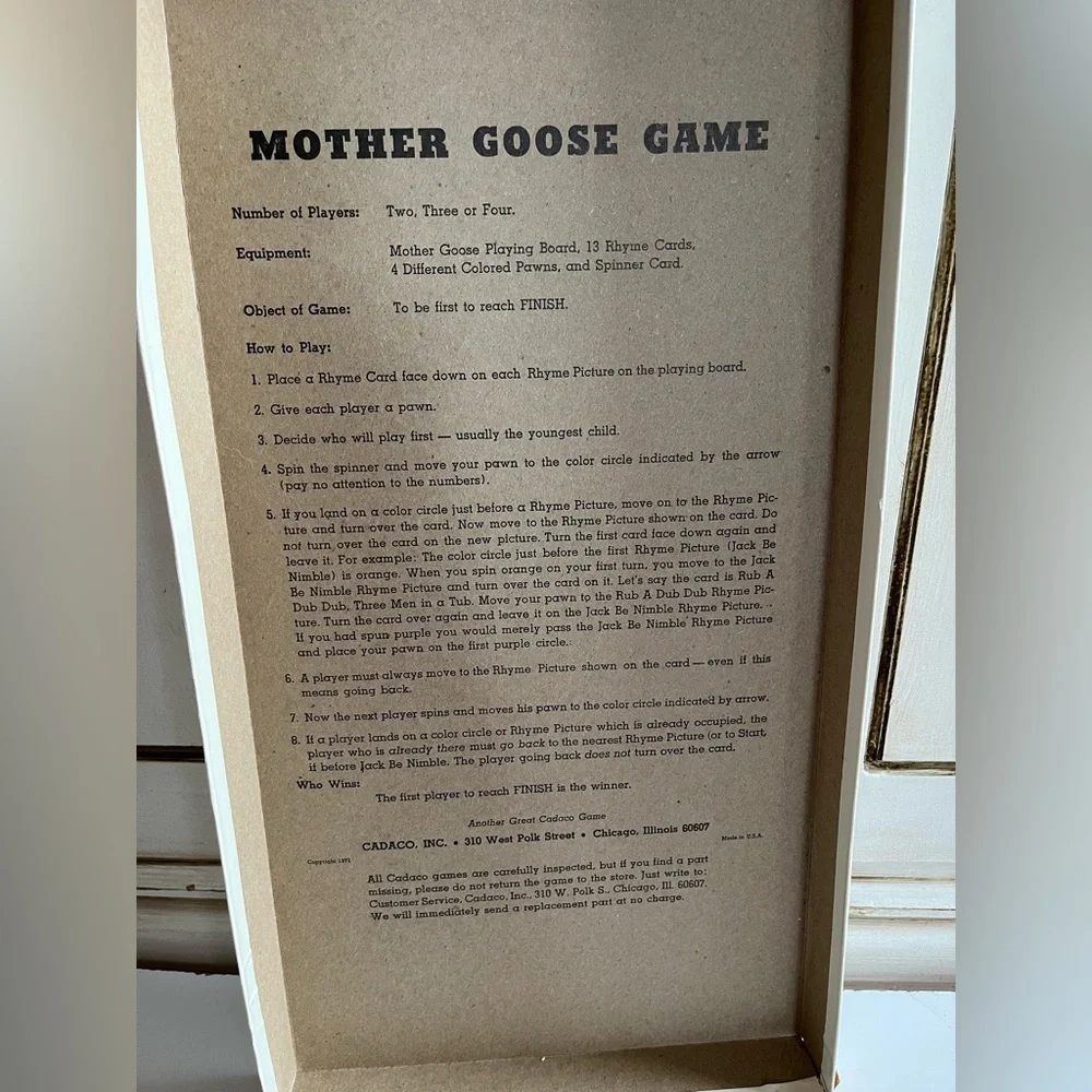Vintage 1971 The Mother Goose Game Board Game Cadaco Storybook Game Nursery Art